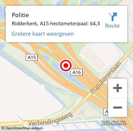 Locatie op kaart van de 112 melding: Politie Ridderkerk, A15 hectometerpaal: 64,3 op 9 juli 2022 20:53