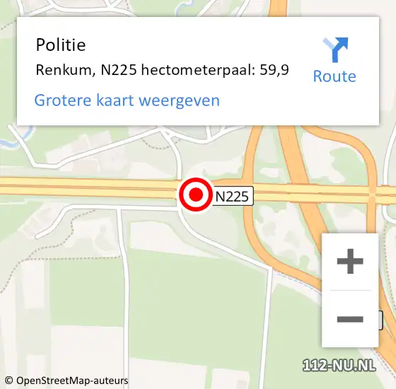 Locatie op kaart van de 112 melding: Politie Renkum, N225 hectometerpaal: 59,9 op 9 juli 2022 20:57