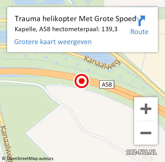 Locatie op kaart van de 112 melding: Trauma helikopter Met Grote Spoed Naar Kapelle, A58 hectometerpaal: 139,3 op 9 juli 2022 21:44