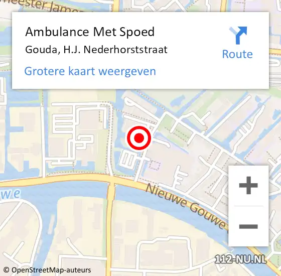 Locatie op kaart van de 112 melding: Ambulance Met Spoed Naar Gouda, H.J. Nederhorststraat op 9 juli 2022 21:48