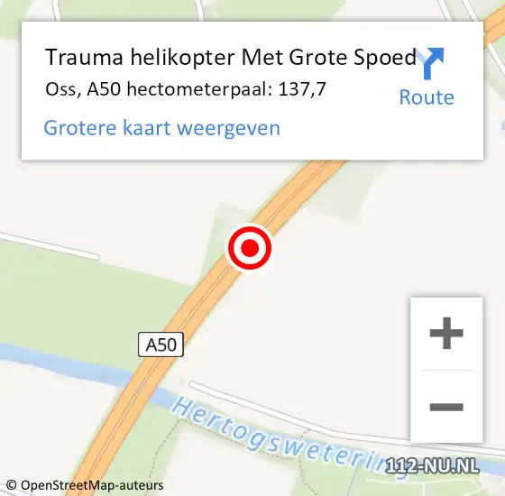 Locatie op kaart van de 112 melding: Trauma helikopter Met Grote Spoed Naar Oss, A50 hectometerpaal: 137,7 op 9 juli 2022 23:49