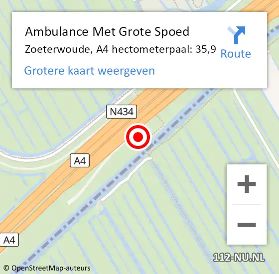 Locatie op kaart van de 112 melding: Ambulance Met Grote Spoed Naar Zoeterwoude, A4 hectometerpaal: 35,9 op 10 juli 2022 00:56