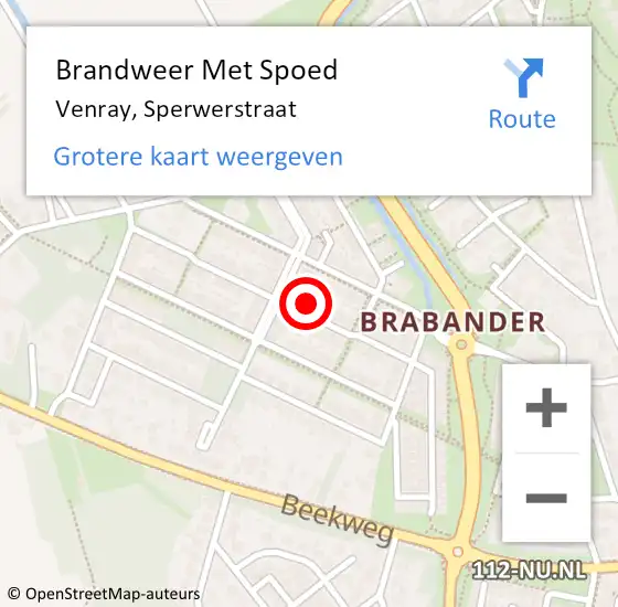 Locatie op kaart van de 112 melding: Brandweer Met Spoed Naar Venray, Sperwerstraat op 10 juli 2022 01:11