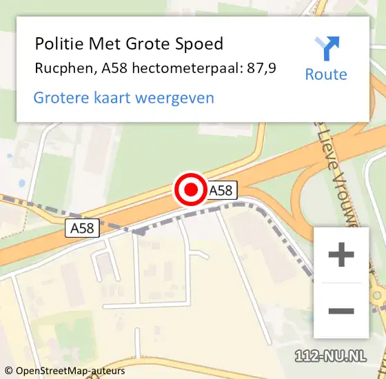 Locatie op kaart van de 112 melding: Politie Met Grote Spoed Naar Rucphen, A58 hectometerpaal: 87,9 op 10 juli 2022 01:42