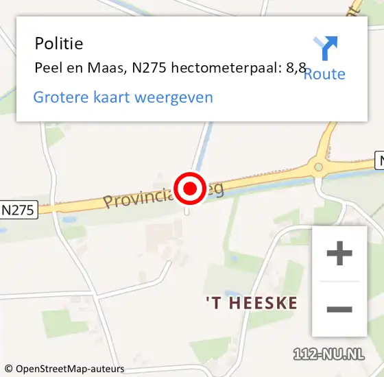 Locatie op kaart van de 112 melding: Politie Peel en Maas, N275 hectometerpaal: 8,8 op 10 juli 2022 02:42