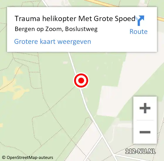 Locatie op kaart van de 112 melding: Trauma helikopter Met Grote Spoed Naar Bergen op Zoom, Boslustweg op 10 juli 2022 06:29