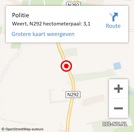 Locatie op kaart van de 112 melding: Politie Weert, N292 hectometerpaal: 3,1 op 10 juli 2022 07:46