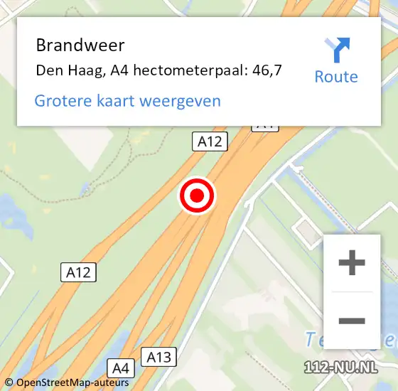 Locatie op kaart van de 112 melding: Brandweer Den Haag, A4 hectometerpaal: 46,7 op 10 juli 2022 10:02