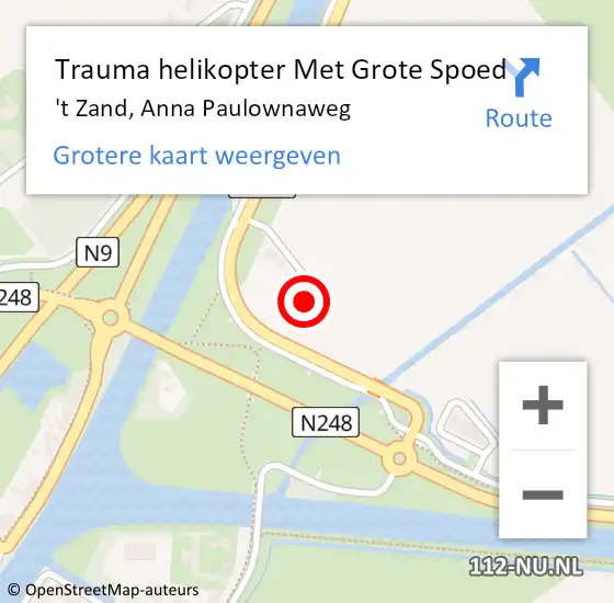 Locatie op kaart van de 112 melding: Trauma helikopter Met Grote Spoed Naar 't Zand, Anna Paulownaweg op 10 juli 2022 11:04
