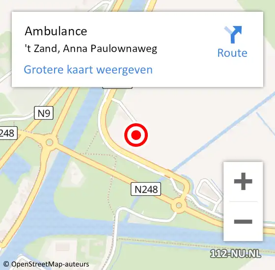 Locatie op kaart van de 112 melding: Ambulance 't Zand, Anna Paulownaweg op 10 juli 2022 11:06