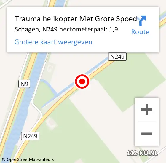Locatie op kaart van de 112 melding: Trauma helikopter Met Grote Spoed Naar Schagen, N249 hectometerpaal: 1,9 op 10 juli 2022 11:08