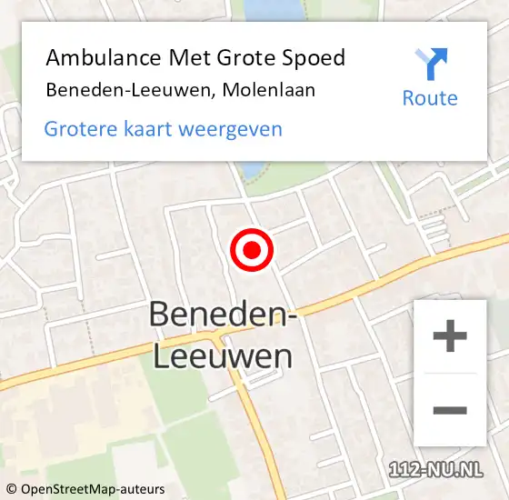 Locatie op kaart van de 112 melding: Ambulance Met Grote Spoed Naar Beneden-Leeuwen, Molenlaan op 10 juli 2022 12:54