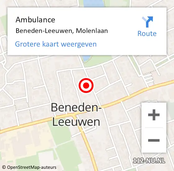 Locatie op kaart van de 112 melding: Ambulance Beneden-Leeuwen, Molenlaan op 10 juli 2022 13:11