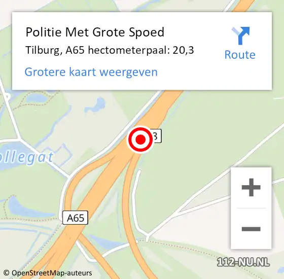 Locatie op kaart van de 112 melding: Politie Met Grote Spoed Naar Tilburg, A65 hectometerpaal: 20,3 op 10 juli 2022 15:17