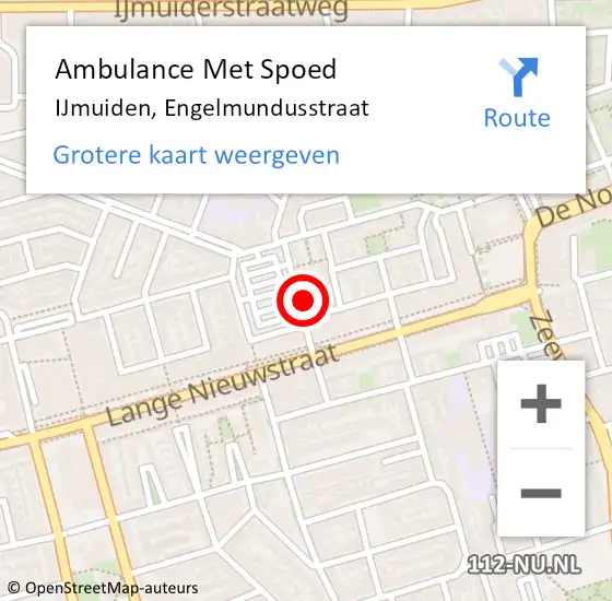 Locatie op kaart van de 112 melding: Ambulance Met Spoed Naar IJmuiden, Engelmundusstraat op 10 juli 2022 15:50