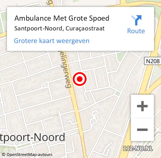 Locatie op kaart van de 112 melding: Ambulance Met Grote Spoed Naar Santpoort-Noord, Curaçaostraat op 10 juli 2022 16:03