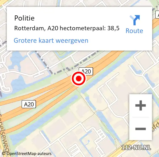 Locatie op kaart van de 112 melding: Politie Rotterdam, A20 hectometerpaal: 38,5 op 10 juli 2022 16:04