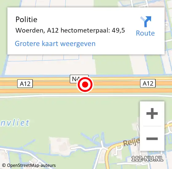 Locatie op kaart van de 112 melding: Politie Woerden, A12 hectometerpaal: 49,5 op 10 juli 2022 16:16