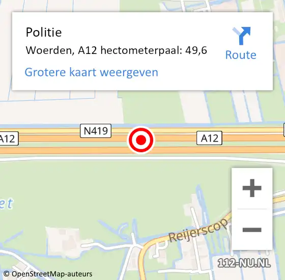 Locatie op kaart van de 112 melding: Politie Woerden, A12 hectometerpaal: 49,6 op 10 juli 2022 17:07