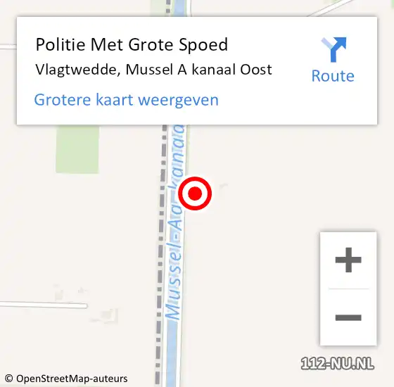 Locatie op kaart van de 112 melding: Politie Met Grote Spoed Naar Vlagtwedde, Mussel A kanaal Oost op 10 juli 2022 17:41