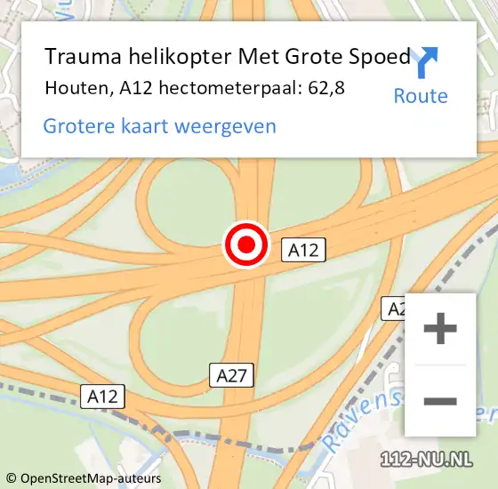 Locatie op kaart van de 112 melding: Trauma helikopter Met Grote Spoed Naar Houten, A12 hectometerpaal: 62,8 op 10 juli 2022 18:40