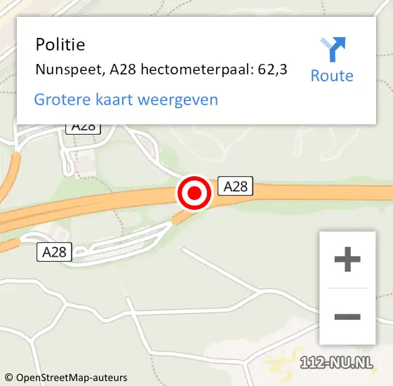 Locatie op kaart van de 112 melding: Politie Nunspeet, A28 hectometerpaal: 62,3 op 10 juli 2022 20:26