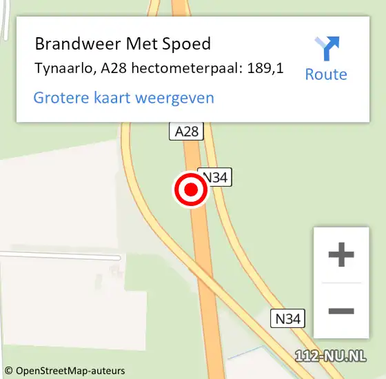 Locatie op kaart van de 112 melding: Brandweer Met Spoed Naar Tynaarlo, A28 hectometerpaal: 189,1 op 10 juli 2022 20:53