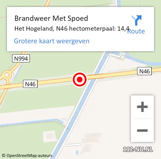 Locatie op kaart van de 112 melding: Brandweer Met Spoed Naar Het Hogeland, N46 hectometerpaal: 14,4 op 10 juli 2022 21:03