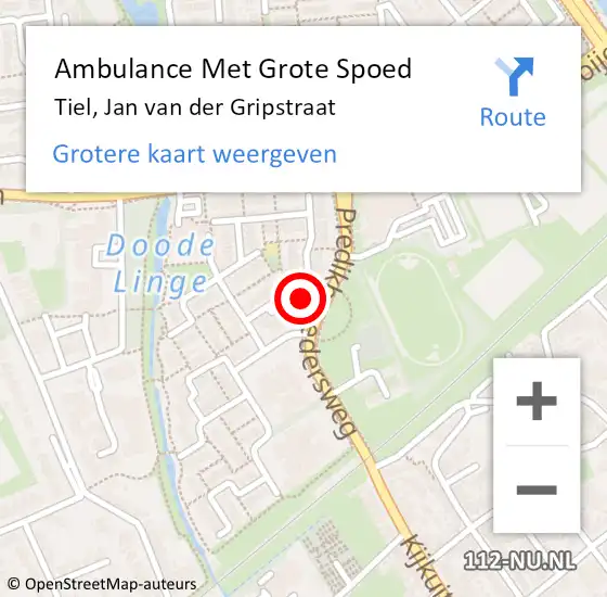 Locatie op kaart van de 112 melding: Ambulance Met Grote Spoed Naar Tiel, Jan van der Gripstraat op 10 juli 2022 21:22