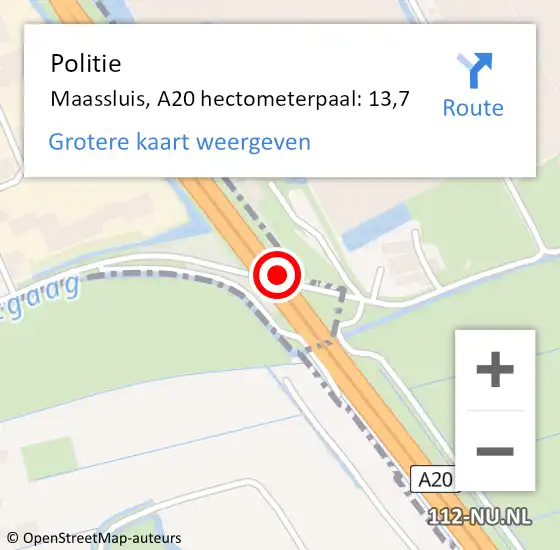 Locatie op kaart van de 112 melding: Politie Maassluis, A20 hectometerpaal: 13,7 op 10 juli 2022 21:23