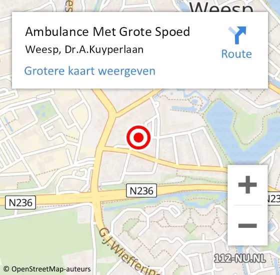 Locatie op kaart van de 112 melding: Ambulance Met Grote Spoed Naar Weesp, Dr.A.Kuyperlaan op 11 juli 2022 01:10