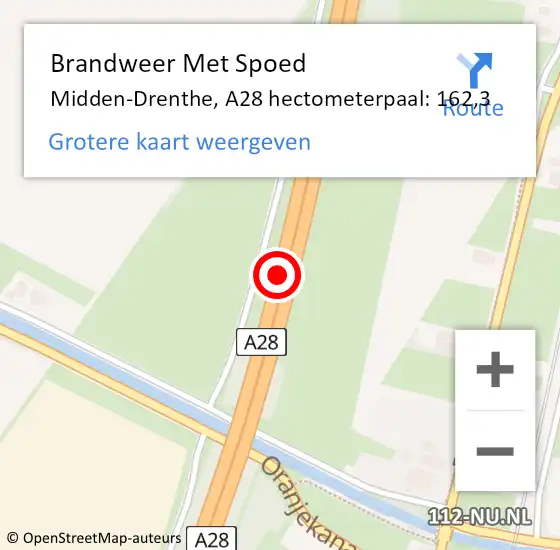 Locatie op kaart van de 112 melding: Brandweer Met Spoed Naar Midden-Drenthe, A28 hectometerpaal: 162,3 op 11 juli 2022 02:29