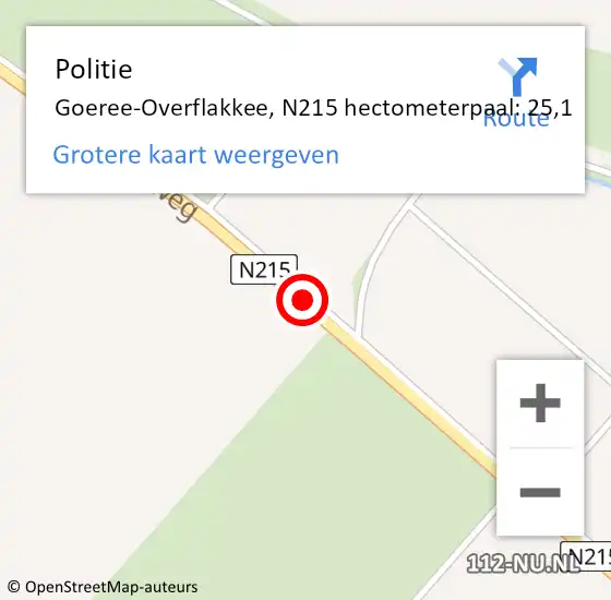 Locatie op kaart van de 112 melding: Politie Goeree-Overflakkee, N215 hectometerpaal: 25,1 op 11 juli 2022 04:04