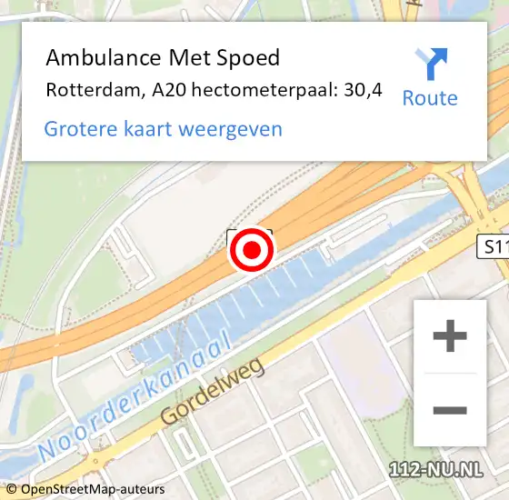 Locatie op kaart van de 112 melding: Ambulance Met Spoed Naar Rotterdam, A20 hectometerpaal: 30,4 op 11 juli 2022 07:35