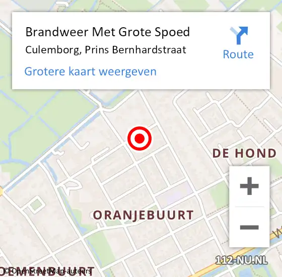 Locatie op kaart van de 112 melding: Brandweer Met Grote Spoed Naar Culemborg, Prins Bernhardstraat op 11 juli 2022 08:27