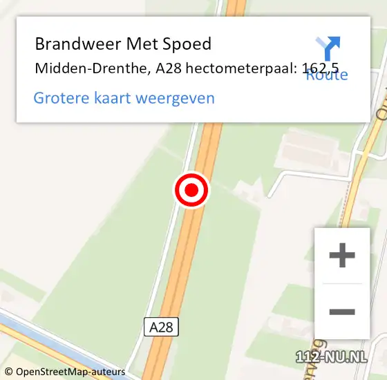 Locatie op kaart van de 112 melding: Brandweer Met Spoed Naar Midden-Drenthe, A28 hectometerpaal: 162,5 op 11 juli 2022 09:59