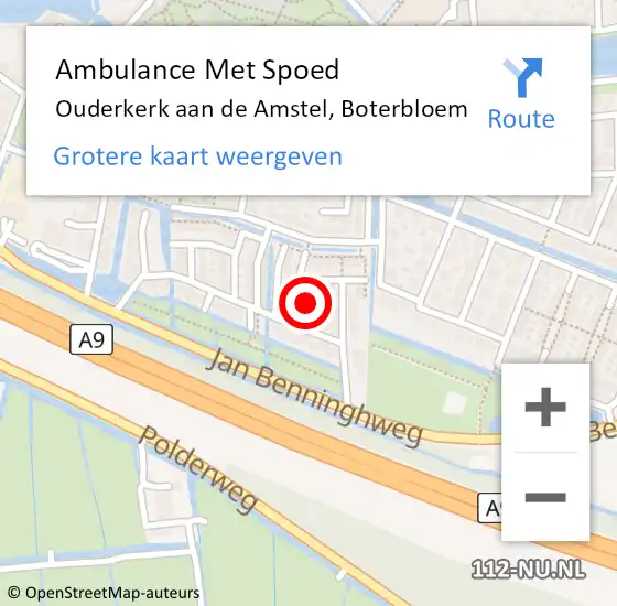 Locatie op kaart van de 112 melding: Ambulance Met Spoed Naar Ouderkerk aan de Amstel, Boterbloem op 11 juli 2022 11:28