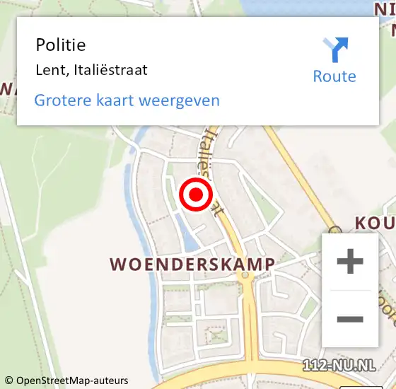 Locatie op kaart van de 112 melding: Politie Lent, Italiëstraat op 11 juli 2022 12:59