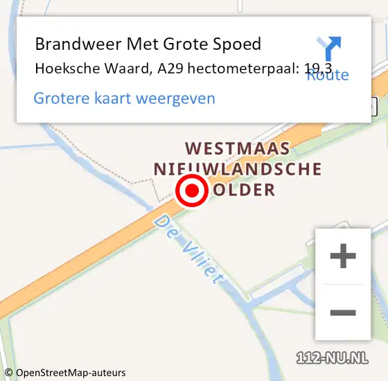 Locatie op kaart van de 112 melding: Brandweer Met Grote Spoed Naar Hoeksche Waard, A29 hectometerpaal: 19,3 op 11 juli 2022 13:09