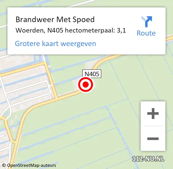 Locatie op kaart van de 112 melding: Brandweer Met Spoed Naar Woerden, N405 hectometerpaal: 3,1 op 11 juli 2022 14:46