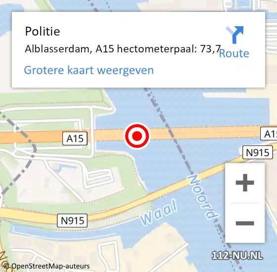 Locatie op kaart van de 112 melding: Politie Alblasserdam, A15 hectometerpaal: 73,7 op 11 juli 2022 14:49