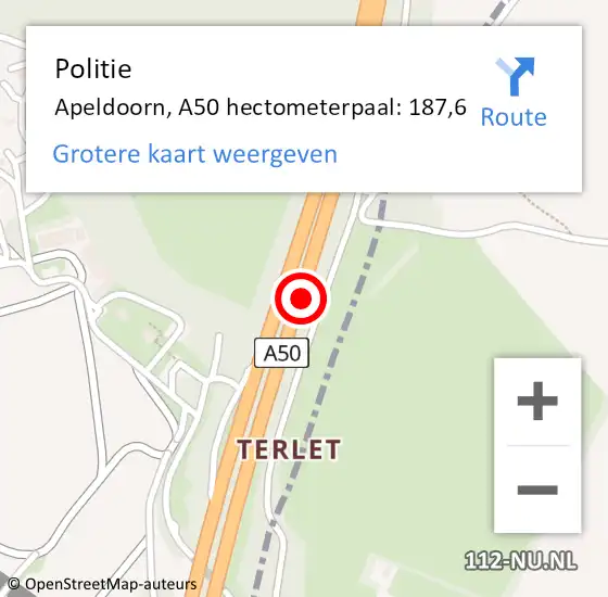 Locatie op kaart van de 112 melding: Politie Apeldoorn, A50 hectometerpaal: 187,6 op 11 juli 2022 15:22