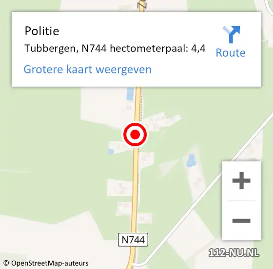 Locatie op kaart van de 112 melding: Politie Tubbergen, N744 hectometerpaal: 4,4 op 11 juli 2022 16:29