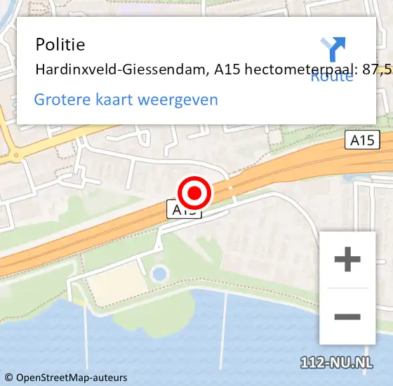 Locatie op kaart van de 112 melding: Politie Hardinxveld-Giessendam, A15 hectometerpaal: 87,5 op 11 juli 2022 17:27