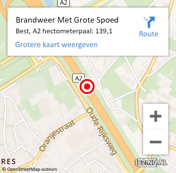 Locatie op kaart van de 112 melding: Brandweer Met Grote Spoed Naar Best, A2 hectometerpaal: 139,1 op 11 juli 2022 17:43