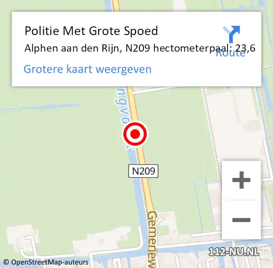 Locatie op kaart van de 112 melding: Politie Met Grote Spoed Naar Alphen aan den Rijn, N209 hectometerpaal: 23,6 op 11 juli 2022 18:32