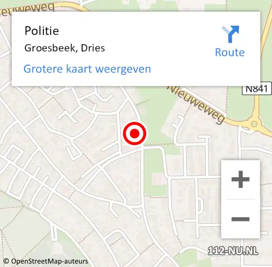 Locatie op kaart van de 112 melding: Politie Groesbeek, Dries op 11 juli 2022 19:39