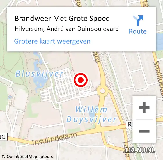 Locatie op kaart van de 112 melding: Brandweer Met Grote Spoed Naar Hilversum, André van Duinboulevard op 11 juli 2022 20:06
