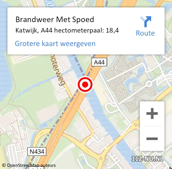 Locatie op kaart van de 112 melding: Brandweer Met Spoed Naar Katwijk, A44 hectometerpaal: 18,4 op 11 juli 2022 20:17