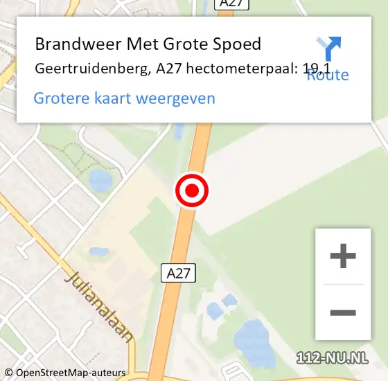 Locatie op kaart van de 112 melding: Brandweer Met Grote Spoed Naar Geertruidenberg, A27 hectometerpaal: 19,1 op 11 juli 2022 21:42